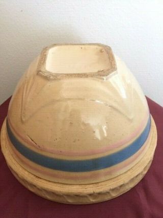 Vintage Antique (?) Yellow Ware Crock Bowl Blue & Pink Stripes Marked USA 2