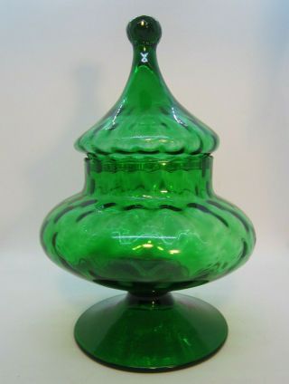 Vintage Empoli Glass Apothecary Candy Jar Circus Tent Green Diamond Optic Mcm