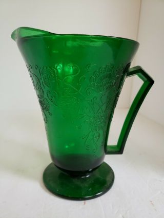 Vintage Emerald Green Glass Juice Pitcher Raised Flower Pattern Design