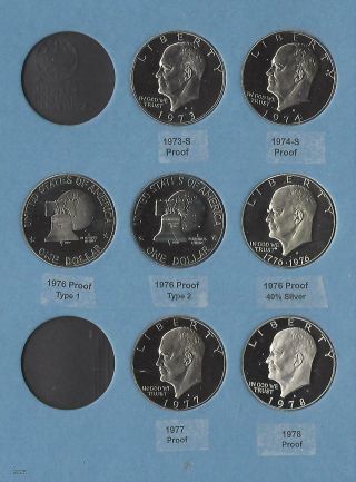 1973 - 1974 - 1976 Type 1,  2,  Silver 1977 - 1978 Proof Eisenhower Dollars - 7 Coin Set