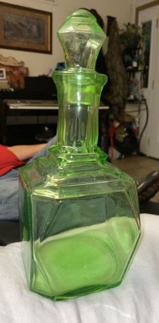 Vintage Green Depression Glass Decanter Art Deco Style With Stopper