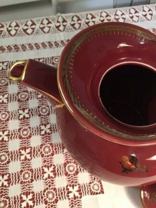 Vintage Hall China Windshield Teapot Burgundy w/ Gold 6 Cup 0693 3