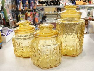 3 L E Smith Imperial Honey Amber Glass Canister Jars Atterbury Scroll Vtg