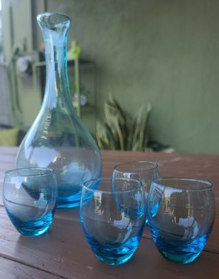 Vintage Empoli Set Italian Art Glass Blue Wine Decanter Set Mcm & 6 Glasses