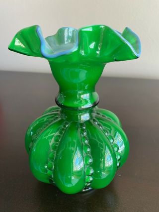 Vintage Fenton Bright Green Beaded Melon Overlay Cased Vase With Ruffled Top