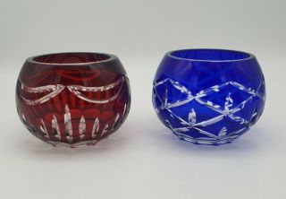 Vintage Bombay Company Cut Glass Round Bowl Votive Candle Holders Red Blue A02