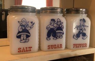 Vintage Set Hazel Atlas Milk Glass Dutch Boy & Girl Salt,  Pepper & Sugar Shakers