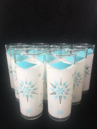 Vintage Anchor Hocking Mcm Turquoise Snowflake Atomic Glasses 1960s Set Of 9