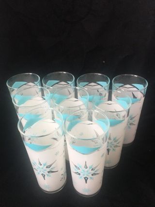 Vintage Anchor Hocking MCM Turquoise Snowflake Atomic Glasses 1960s Set Of 9 2