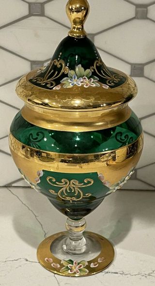 Vintage Bohemian Art Glass Apothecary Candy Dish With Lid Emerald And Gold Trim