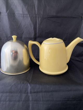 Hall China Yellow Teapot With Chrome Insulated Cozy Cover USA 2