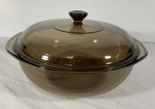 Pyrex Vintage Corning Ware Visions Brown Bowl 2l W/ Lid Glass Cookware Usa 8.  5”