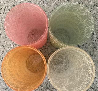 Set Of 4 Midcentury Color Craft Shat - R - Pruf Spaghetti String Tumbler Glasses Vtg