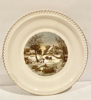 Vintage Harkerware The Homestead In Winter Cake Plate.  Currier & Ives 22 Kt Gold