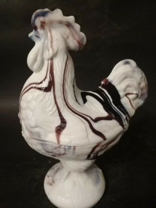 Vintage White & Purple Slag Glass Standing Rooster Covered Candy Dish