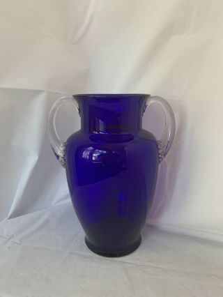 Cobalt Blue Large Blown Glass Vase W/clear Double Handles Vintage 9 3/4”tall