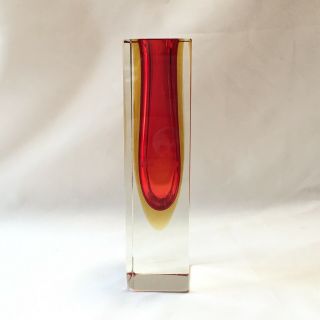 Mid Century Modern Vintage Red & Yellow Sommerso Signed Murano Art Glass Vase Ai