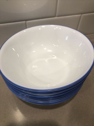 7 - Corelle True Blue Cereal / Soup Bowls With Blue Rim 6 - 1/4 