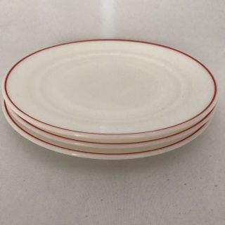 3 Hazel Atlas Moderntone Platonite 8” Plates White With Red Stripes
