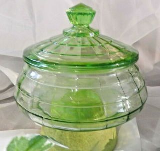 Green Depression Glass Covered Candy Jar - Candy Dish W Lid Block Optic Hocking