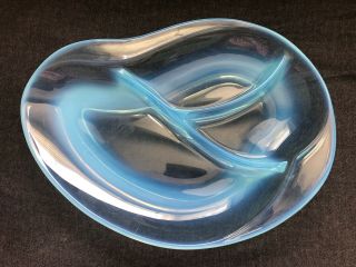 Vintage Fostoria Glass Blue Opalescent Seascape 3 Part Relish Serving Candy Dish