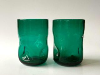 Mid - Century Blenko 418s Short Tumbler Pinched Dimple Art Glass Emerald Green Set