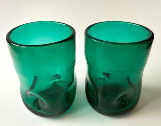 Mid - Century Blenko 418S Short Tumbler Pinched Dimple Art Glass Emerald Green Set 2