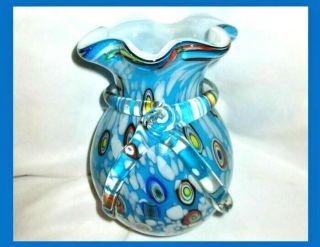 Murano Style Colorful Blue Millefiori Handcrafted Art Glass Vase