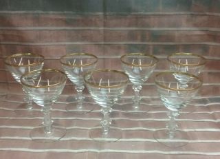 Vintage (7) Gold Rim Crystal Wine Glasses With Diamond Cut Ball Stems