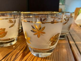 Set Of 6 Vintage Libby Gold Leaf Frosted Glasses Mid Century Modern -