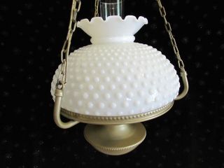 Vintage Fenton Milkglass Hobnail Hanging Hurricane Lamp W/ Etched Chimney