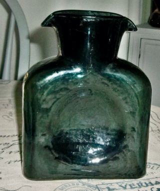 Retro Blenko Glass Smokey Gray Green Double Spout Water Bottle Pitcher 8 "
