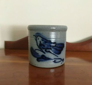 Rowe Pottery Open Crock Cambridge Wis.  Salt Glaze Blue Cobalt 1987 Bird