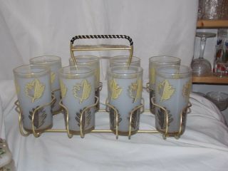 8 Vintage Mid Century Modern Frosted Leaf Cocktail Bar Glasses Tumblers Caddy