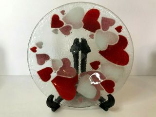 Vintage Peggy Karr Fused Glass Red Pink White Hearts Dish Bowl Signed