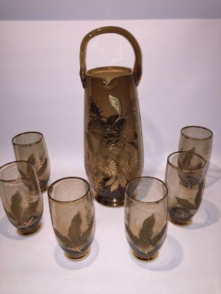 Vintage Amber Murano Italian Pitcher Glasses Set Gold Floral Hand Painted