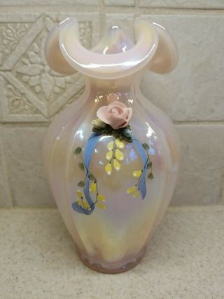 Fenton Art Glass Artist Signed Pink Opalescent Vase Applied Florals 7 1/2 "