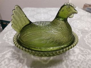 Vtg Green Carnival Glass Candy Butter Dish Indiana Chicken Hen On A Basket Nest