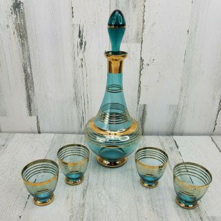 Vintage Bohemian Crystal Liquor Decanter & 4 Glasses Green With Gold Bands