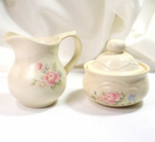 Pfaltzgraff Tea Rose - Creamer Pourer & Sugar Bowl With Lid Stoneware