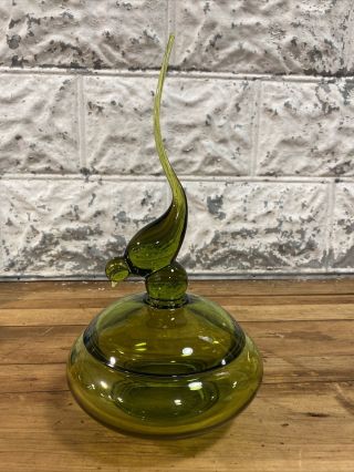 Viking Chartreuse Green Glass Epic Mid Century Long Tail Bird Candy Dish