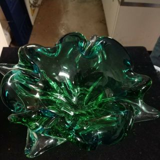Vintage Mid Century Chalet Canada Signed Art Glass Console Bowl Blue Green Clear