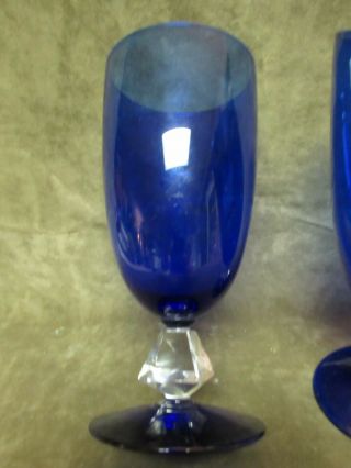 Vintage 1930 ' s Bryce Glass Aquarius Pattern Cobalt Blue Clear Stem Ice Tea Pair 2