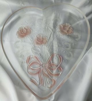 Vtg Mikasa Heart Shaped Crystal Pink Rose Serving Platter / Happy Mothers Day