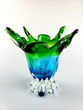 Vtg Murano Teal Green Pulled Glass Vase 8 " X 8 " X 3.  5 "