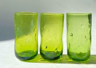 Mid - Century Blenko 418l 6” Tumbler Pinched Dimple Art Glass Chartreuse Barware