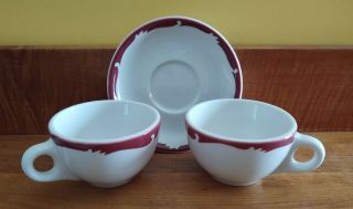 Syracuse China Restaurant/diner Ware Set Of 2 Cups/mugs & 1 Saucer Red Scroll