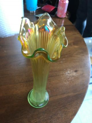 Vintage Carnival Glass Diamond & Rib Vase 11 " Yellow Green Cond.
