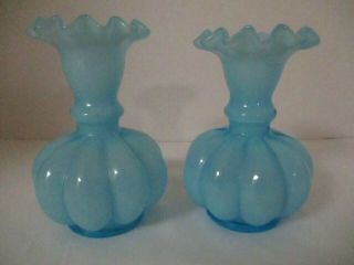Vintage Fenton Art Glass Light Blue Overlay Melon Ball Ruffled Top (set Of 2)