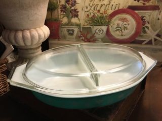 Vintage - Pyrex - Turquoise Snowflake Pattern - 1.  5 Quart Divided Dish W/lid - Made Usa